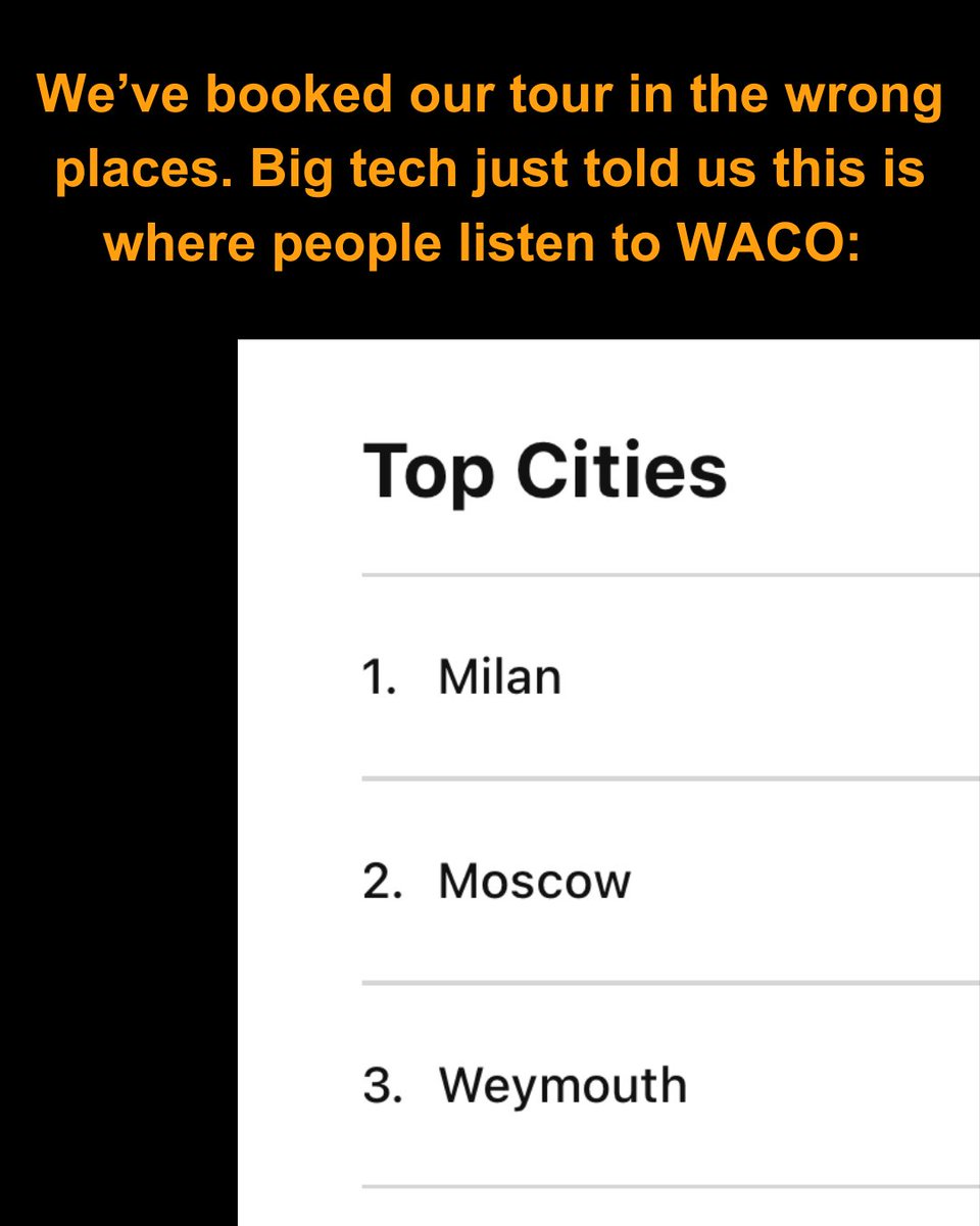 Talk about a nightmare 🎃

Our overlords in Big Tech just sent the latest data through on where people are rabidly obsessed with our music 🐀

And it’s making us worried that Milan, Moscow and Weymouth don’t feature on this week’s tour with The Menstrual Cramps 🤯