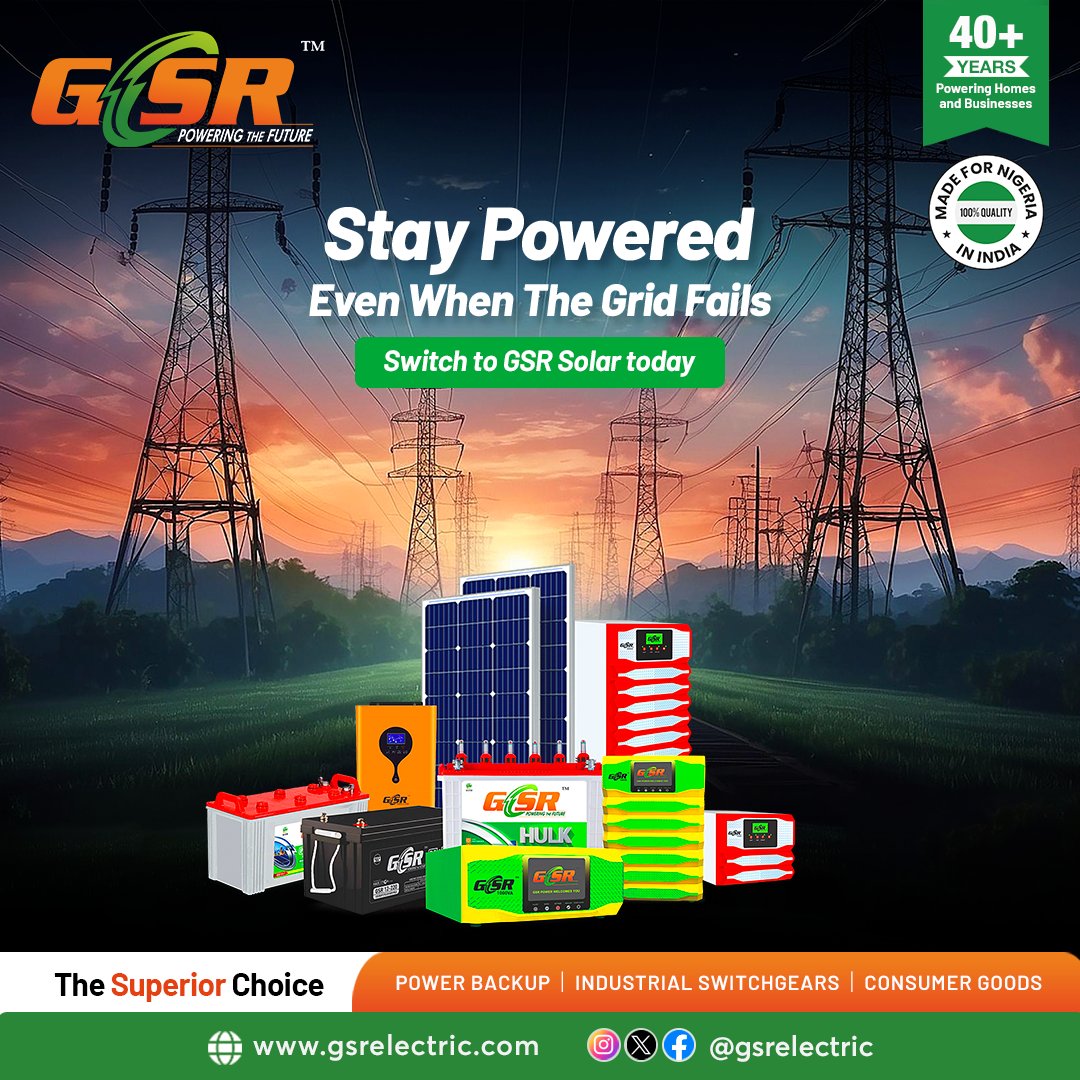 gsrelectric's tweet photo. Switch to GSR Solar today and stay powered even when the grid fails! ☀️🔋Make the smart choice for a brighter future
#LagosFlooding Chief of Army Staff Wike #ForKenny South East Secret Agent #October21st #FuelSubsidy #DavidoAt30 #WizkidAtO2 #WorldCup2024 #BBNaijaAllStars #EndSARS https://t.co/qySo67yMb5