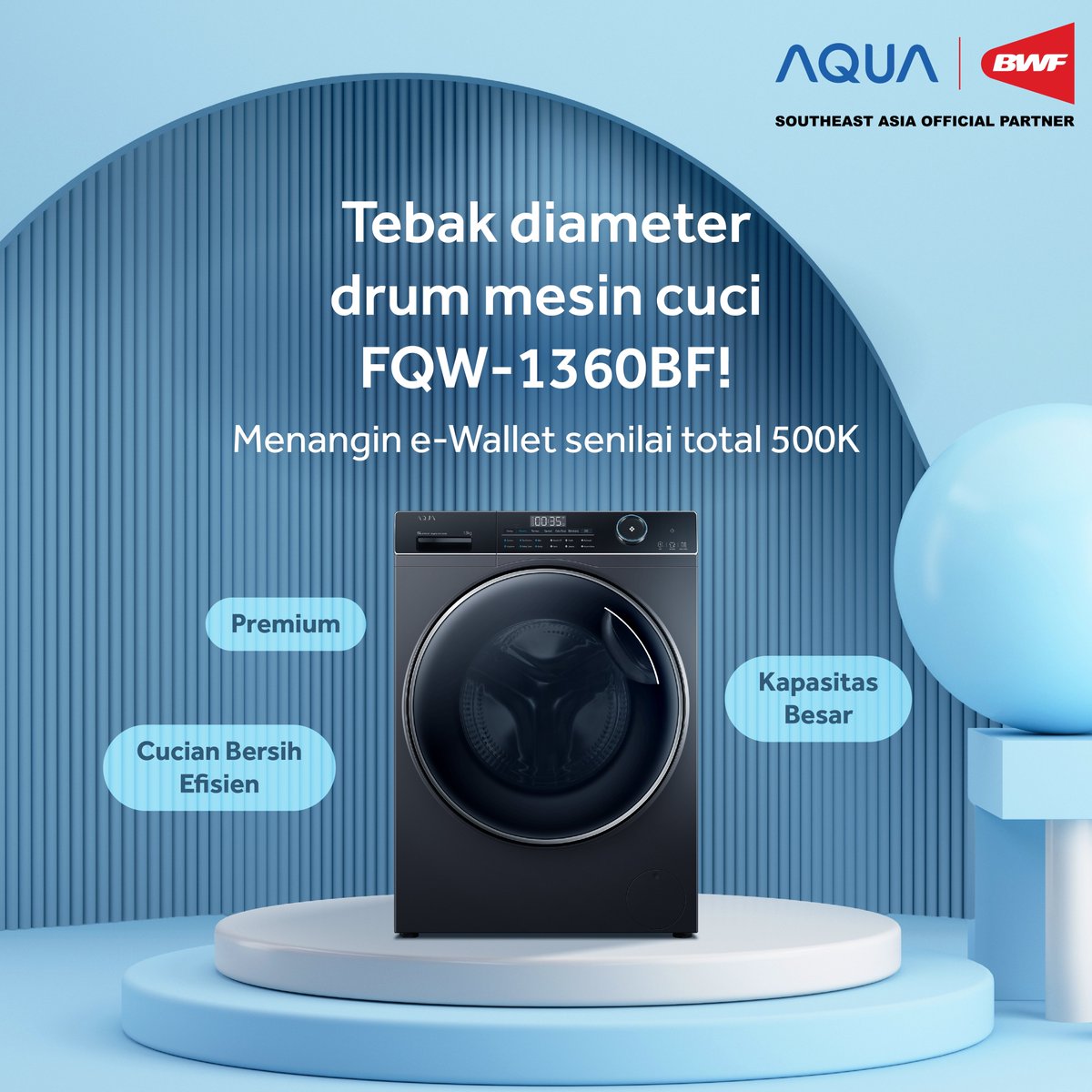 MAU MENANGIN SALDO E-WALLET SENILAI TOTAL 500K UNTUK 5 PEMENANG GAK?

Yang sering pantengin media sosial #AQUAElektronik pasti tau deh jawabannya~ 

Mesin cuci FQW-1360BF punya drum terbesar yang memudahkan proses mencuci. Ada yang tau berapa diameternya? Cek cara ikutannya yuk: