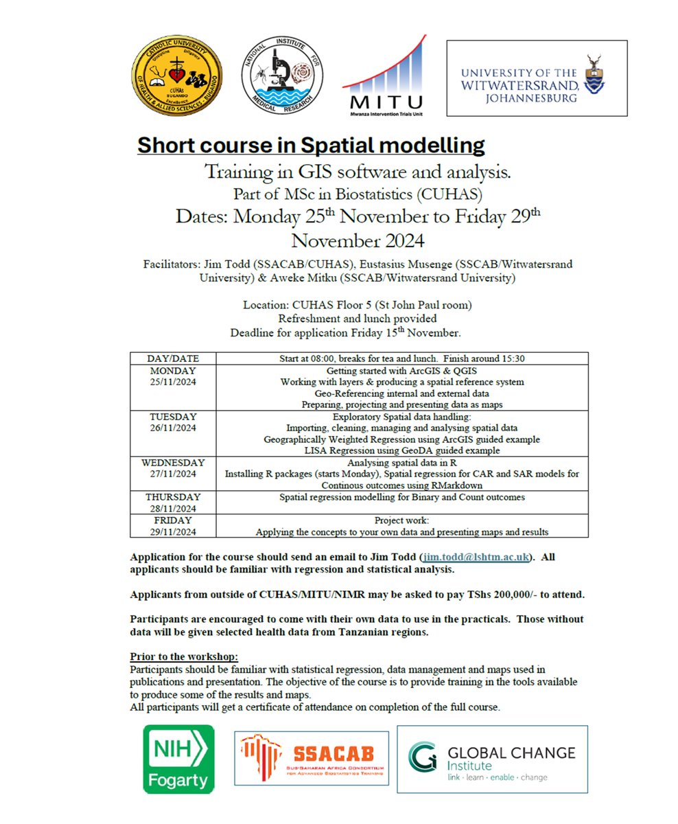 Our SSACAB team will conduct a short course on spatial modelling, focusing on GIS software and analysis. #SsacabProgramme #ScienceforAfricaFoundation #WitsUniversityoftheWitwatersrand #LondonSchoolofHygiene&amp;Tropical Medicine #biostatistics #gamechangers #GISsoftware #analysis