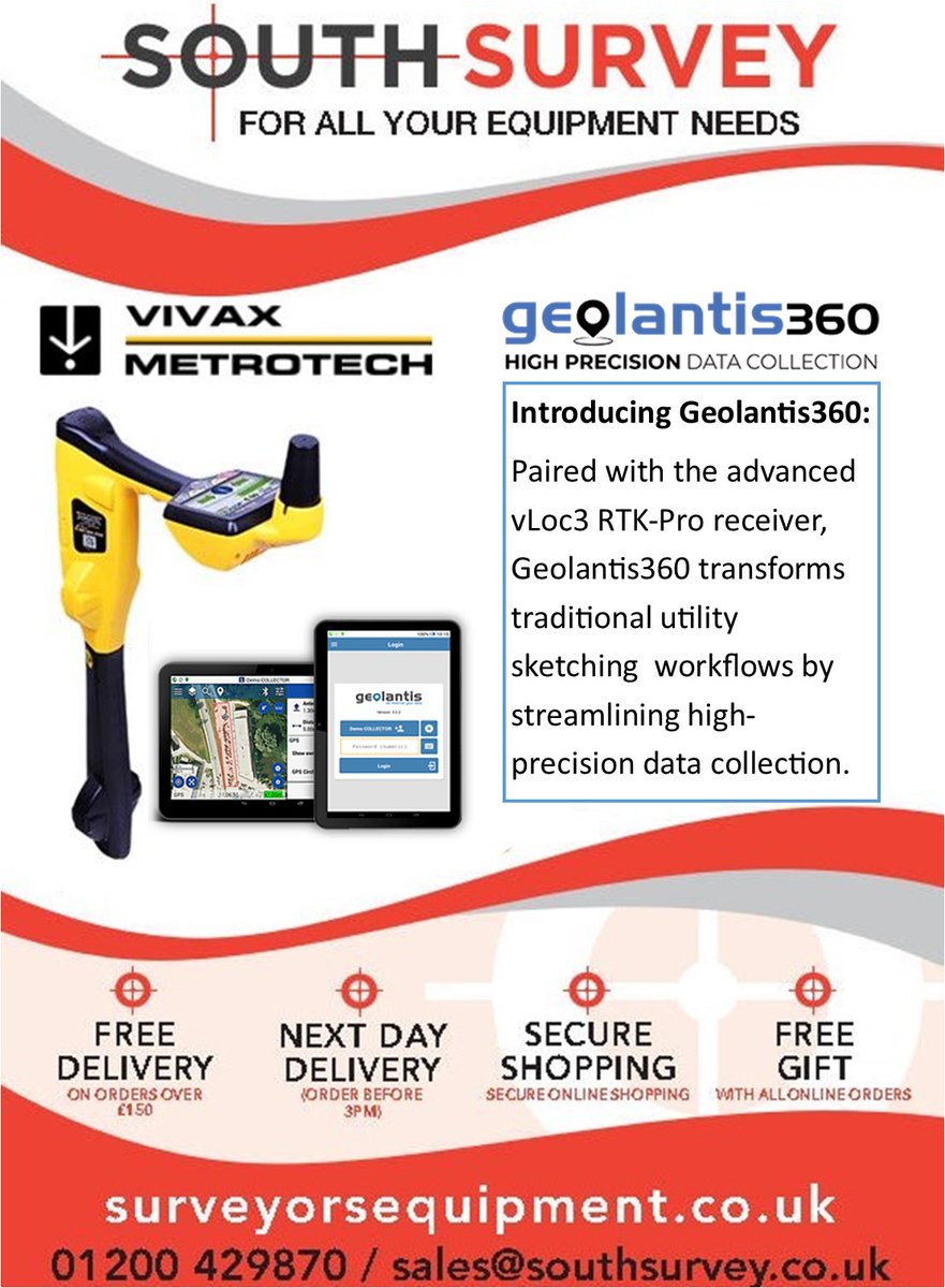 vLoc3 RTK-Pro receiver paired with t Geolantis360 transforms traditional utility sketching workflows by streamlining high-precision data collection.
surveyorsequipment.co.uk/vloc3-rtk.html
