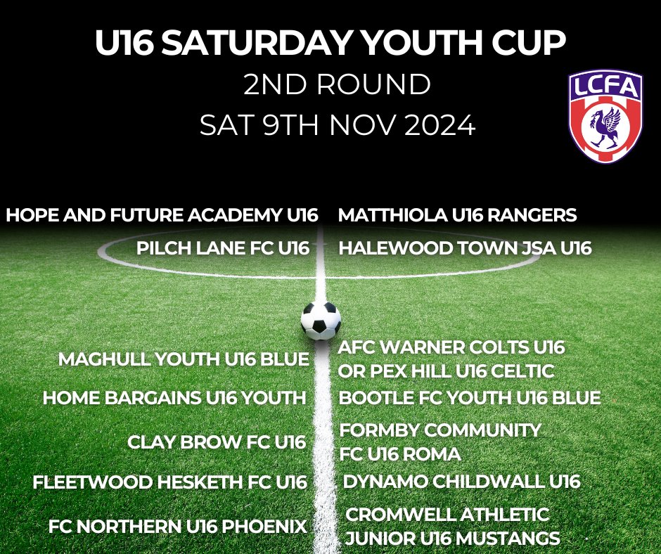 U16 Saturday Youth Cup 🏆

The draw for the Second Round has been made.

Ties to be played on Saturday 9th November. 📆

Best of luck to all the teams involved. 🤞