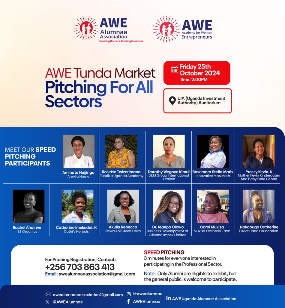 AweAlumnae's tweet photo. Excitement is building for #AWETunda this Friday, 25th October at 2 PM (EAT)! Meet game changing entrepreneurs turning bold ideas into reality. From math rap to eco friendly creations, it’s all happening at the @ugandainvest auditorium
Register now: https://t.co/BmqJ9cUa7m https://t.co/Lo1q6euVNL