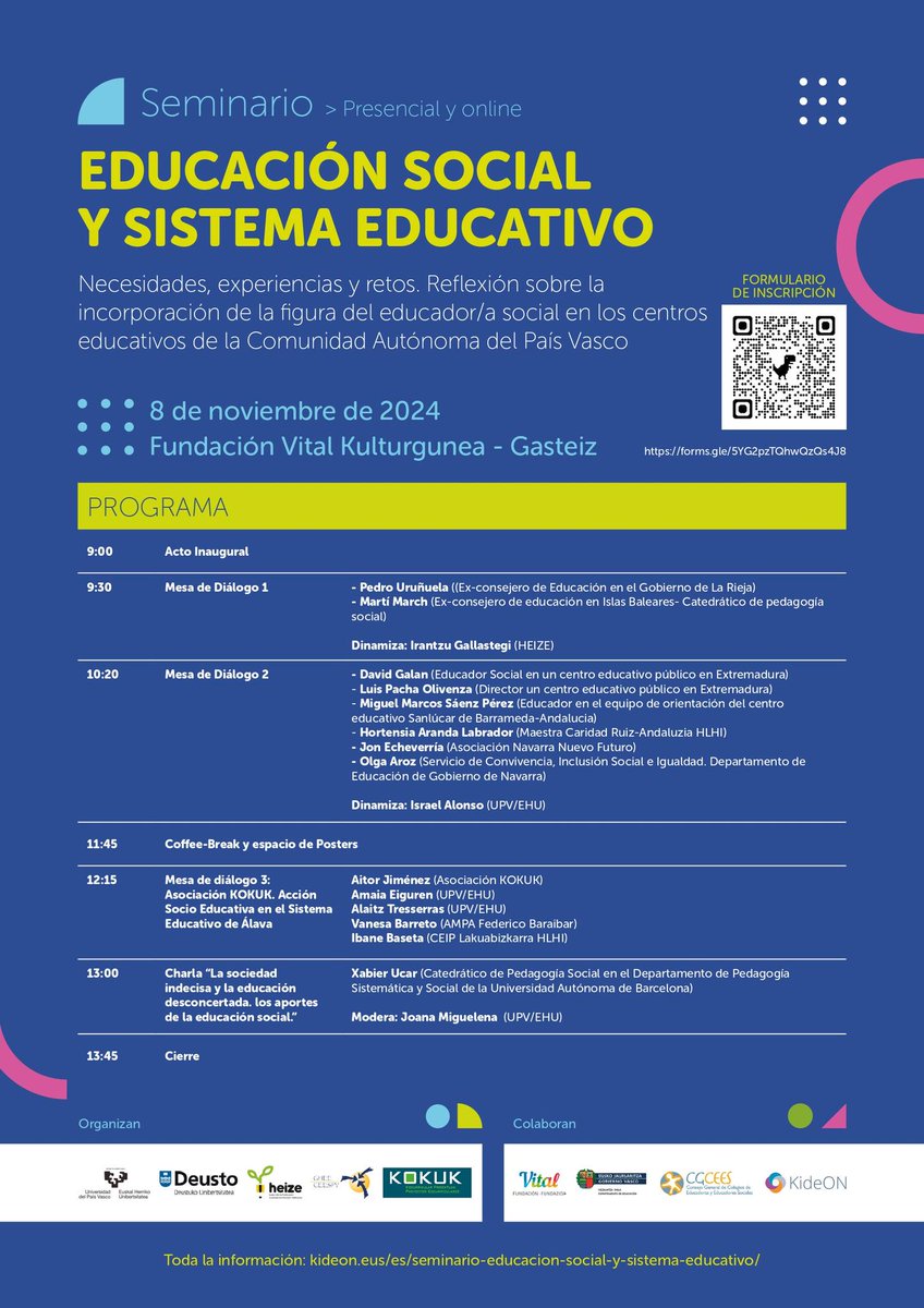 kide_on's tweet photo. 📷Seminario: Reflexión sobre la incorporación de la figura del educador/a social en los centros educativos del País Vasco. Presencial y online. Abierta convocatoria para la presentación de posters https://t.co/ZJ8ocL9JCM https://t.co/Xwnzh3dohs