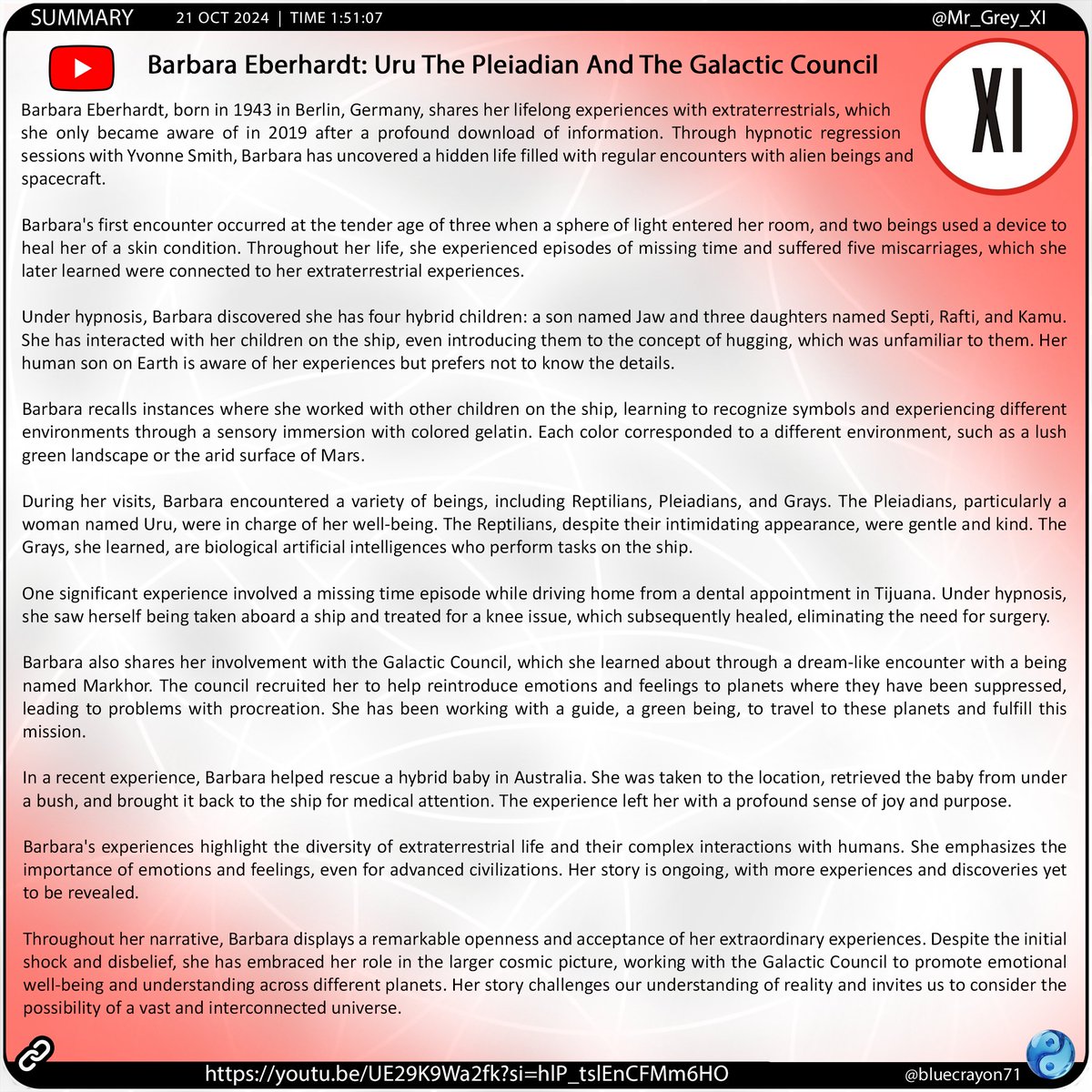 bluecrayon71's tweet image. Barbara Eberhardt:Uru The Pleiadian And The Galactic Council @Mr_Grey_XI

🔗youtu.be/UE29K9Wa2fk?si…

#Extraterrestrials #HybridChildren #GalacticCouncil #Pleiadians #Reptilians #Grays #MissingTime #HypnoticRegression #AlienAbduction #Uru #ContactInTheDesert #ExperiencerInterviews