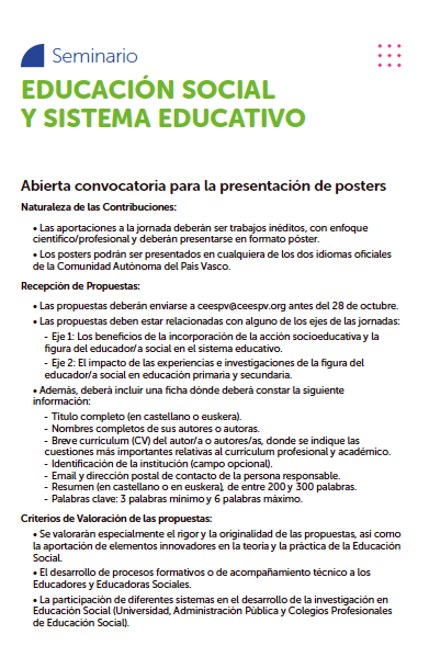 📷Seminario: Reflexión sobre la incorporación de la figura del educador/a social en los centros educativos del País Vasco. Presencial y online. Abierta convocatoria para la presentación de posters forms.gle/5YG2pzTQhwQzQs…