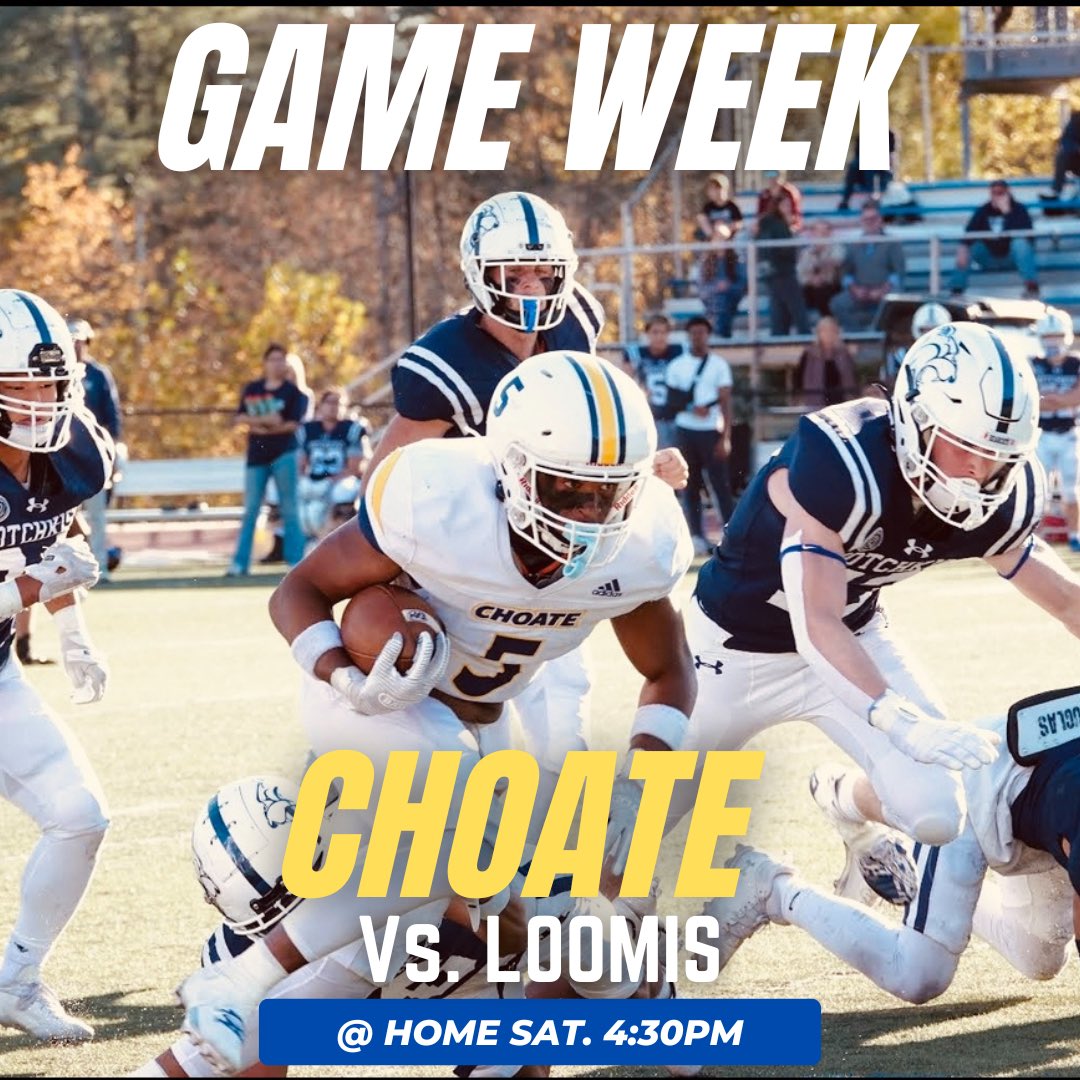 Week 6️⃣ 

🆚 | Loomis Chaffee 
📍 | @ Choate Rosemary Hall
⌚️ | Sat. 10/26 4:30PM 
🤝 | Game Day Visit calendly.com/choaterecruiti…
📺 | events.locallive.tv/schools/choate…