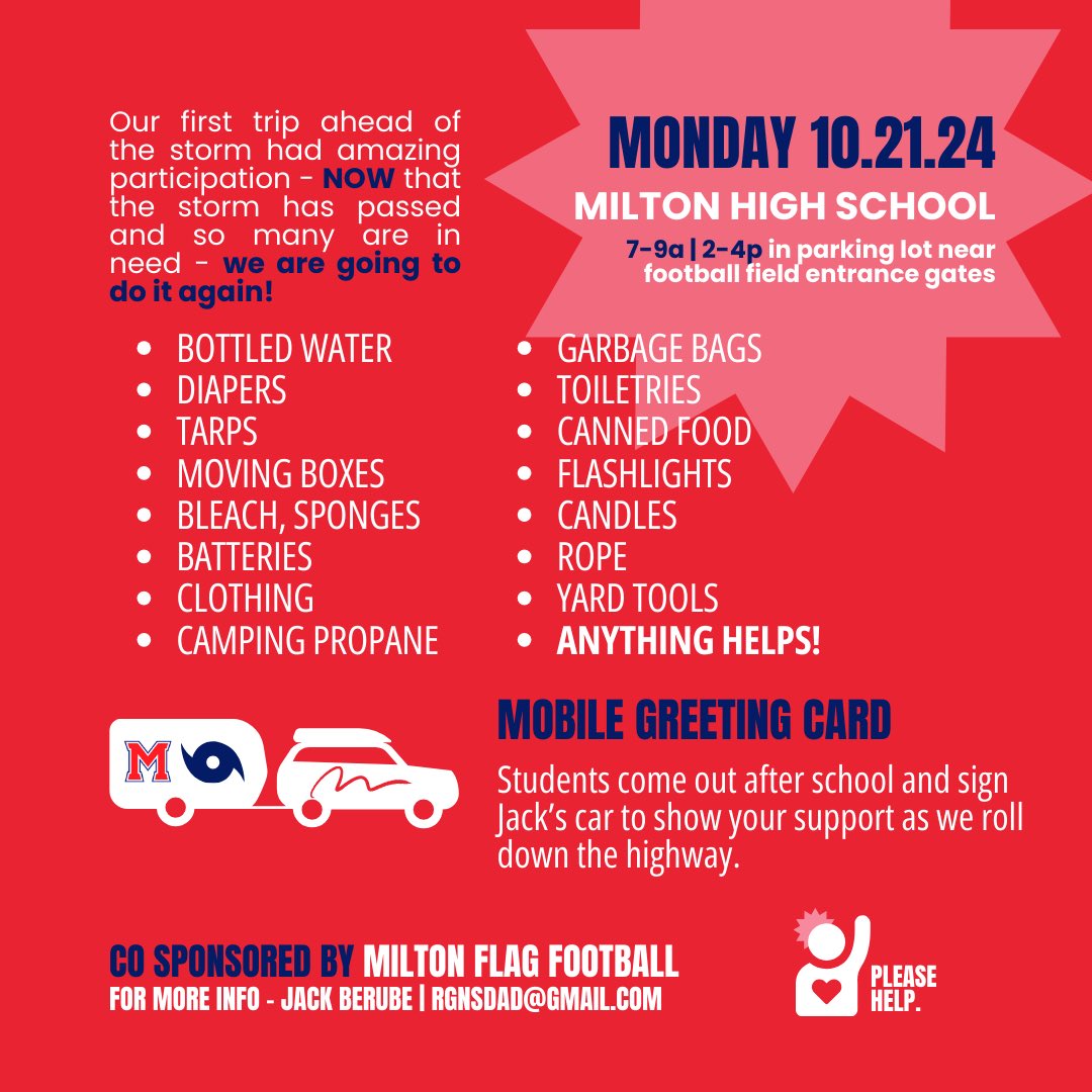 Milton High School Flag Football (@miltonflag) on Twitter photo Milton Flag Football will be pulling together our Team Spirit to provide supplies to help in the Hurricane relief. We need your support and welcome any and all donations in our effort to pack the truck for those impacted by the Hurricane devastation. Milton Flag Football will be pulling together our Team Spirit to provide supplies to help in the Hurricane relief. We need your support and welcome any and all donations in our effort to pack the truck for those impacted by the Hurricane devastation.
