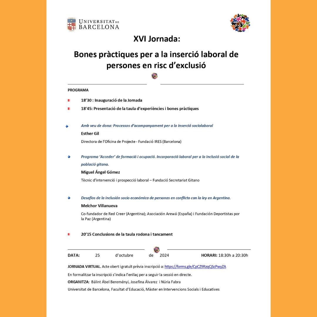 MISE_UB's tweet photo. 🟠 Jornada online sobre “Bones pràctiques per a la inserció laboral de persones en risc d’exclusió” 

📆 Divendres, 25 d’octubre 
🕐 18.30h - 20.30h 
📝 Inscripcions: https://t.co/kngmpoXLXg 

T’hi esperem 🙌 https://t.co/6woeQs4uFl