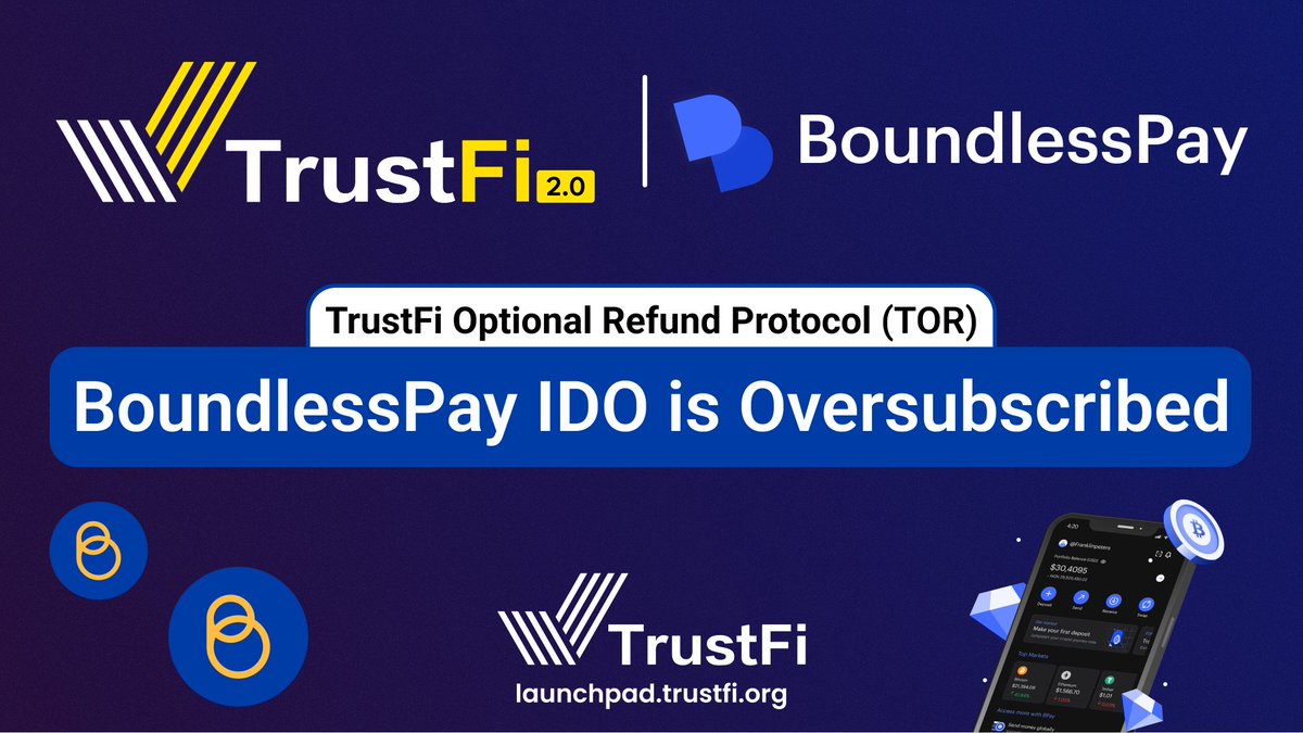 trustfiorg's tweet photo. 📣@boundlesspay IDO Round is Oversubscribed!🔥

Thank you all for your participation and support!

ℹ️ Check the information on upcoming projects at https://t.co/uBwvT6ab7S

⏰Date: 11 AM UTC, October 19th
📍Place: https://t.co/BdVU1IRUD9
💰Price: $0.008
💎 Init. MCap: $276,000
📅TGE: October 23rd
📩Vesting: 20% at TGE, 1-month cliff, 6-month vesting
🔎 Contract Address: TBA