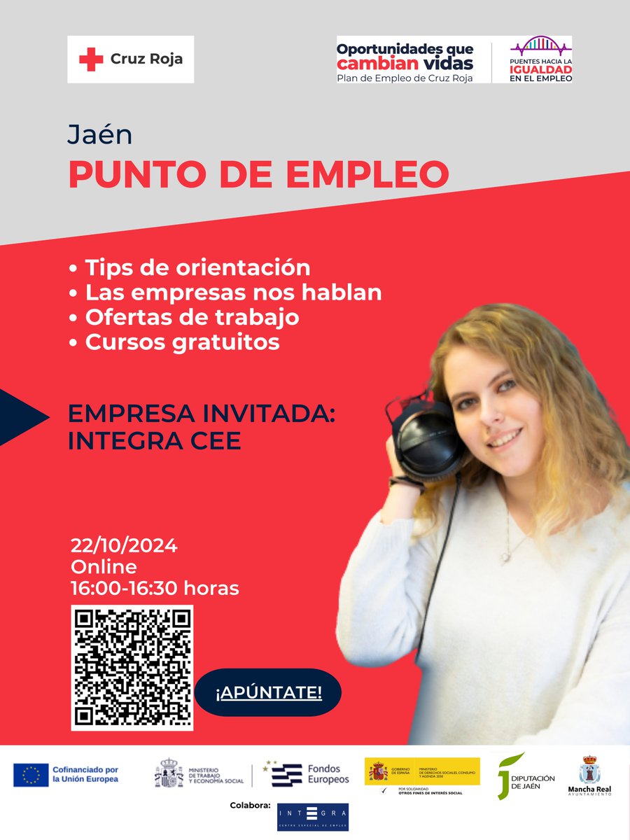 Integracee's tweet photo. #IntegraCEE, empresa invitada en el Punto de Empleo online de @CruzRojaEsp en #Jaén, el martes, 22 de octubre a las 16.00 horas.

-Hablaremos de cómo funciona nuestra empresa 
-Cuáles son nuestros perfiles más demandados. 
-Qué valoramos en un currículum. 

¡Apúntate con el QR!👇 https://t.co/eysCn8nZ0v