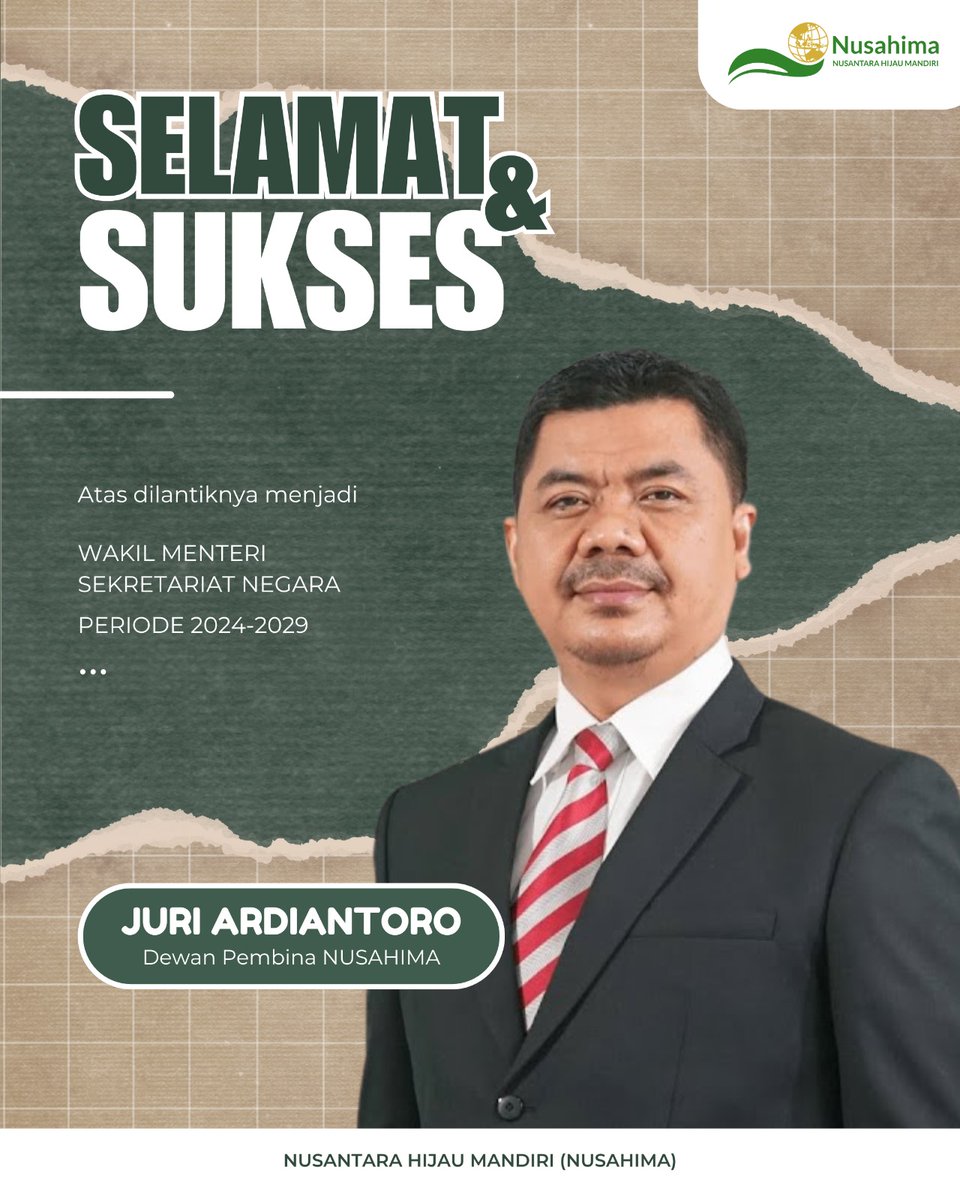 NUsahima26's tweet photo. Selamat atas dilantiknya Bapak Juri Ardiantoro @juriardiantoro (Dewan Pembina @NUsahima26) sebagai Wakil Menteri Sekretaris Negara periode 2024-2029. 

Semoga sukses dan berkah dalam menjalankan amanah https://t.co/aP345cJYhp