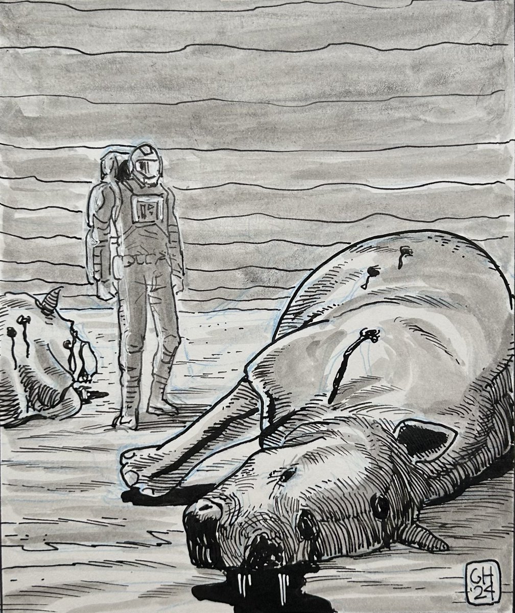gabrielcomic's tweet photo. “ Dead, everything is dead and forgotten here…” #inktober2024 #inktober522024 #inktober2024day21 #inktober2024rhinoceros #ink https://t.co/0TLsO4klZ8