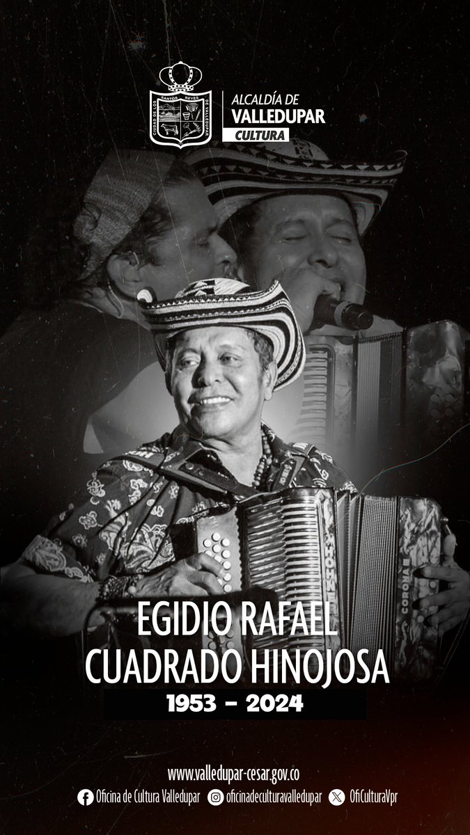 AlcaldiaVpar's tweet photo. #GraciasEgidio 
Lamentamos la partida de Egidio Cuadrado, el rey vallenato que con sus notas puso al mundo a bailar. Con @carlosvives y La Provincia escribieron páginas de oro por el mundo. 
¡Paz en su tumba! https://t.co/JfqmGagYEz