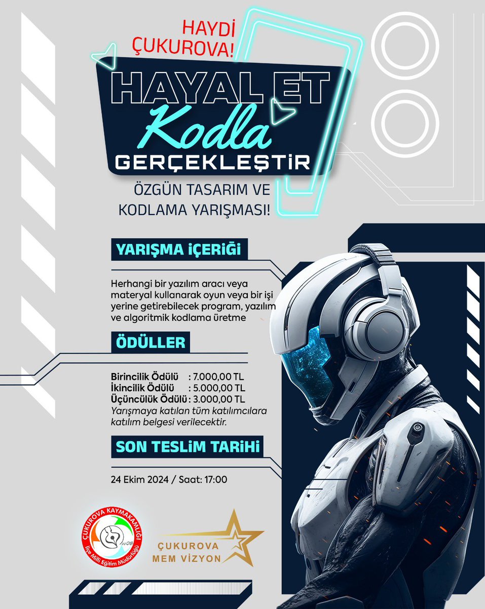 cukurovamem's tweet photo. 💫HAYDİ ÇUKUROVA HAYAL ET KODLA GERÇEKLEŞTİR ÖZGÜN TASARIM VE KODLAMA YARIŞMASI

Başvuru Linki;https://t.co/hXibBEoHjV

Son Başvuru Tarihi: 24 Ekim 2024

@tcmeb @AdanaMem @kemal_kavak 
#ÇukurovaMemVizyon https://t.co/LAjkZdvcWN