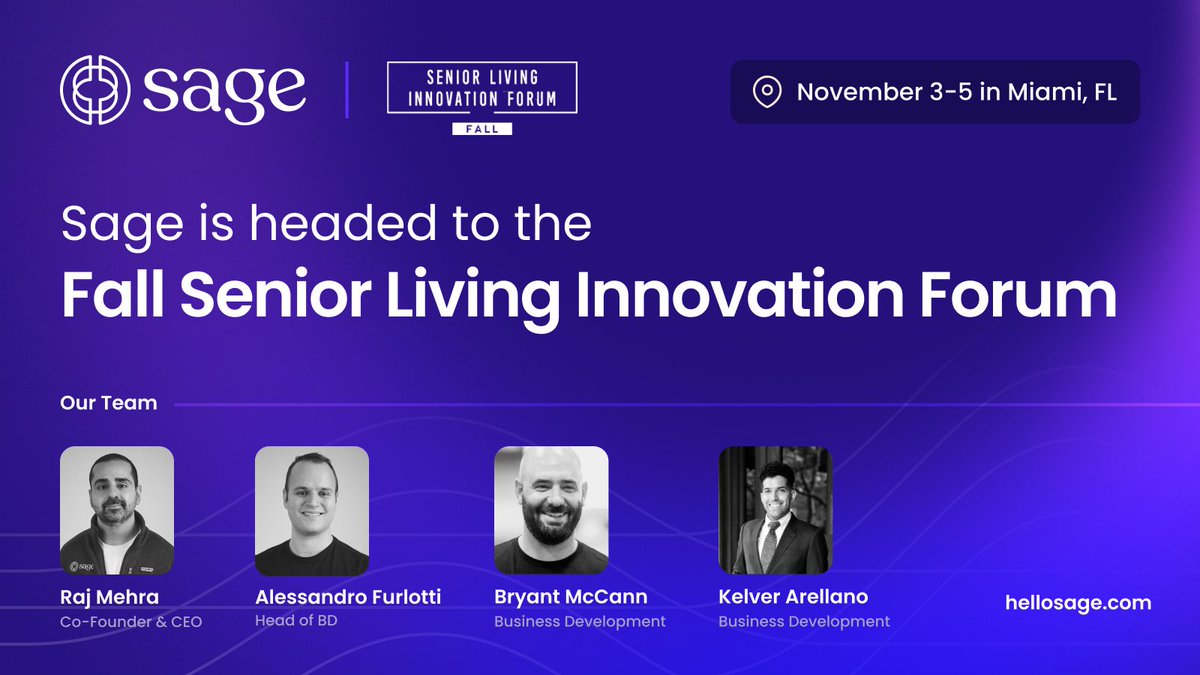 Hello Sage (@hellosagenyc) on Twitter photo This November, Sage is headed to the Fall Senior Living Innovation Forum in Miami! 🌴
If you want to learn what Sage’s award-winning operations management platform can do for your community, message us at bd@hellosage.com! We can’t wait to meet you! 🤝 This November, Sage is headed to the Fall Senior Living Innovation Forum in Miami! 🌴
If you want to learn what Sage’s award-winning operations management platform can do for your community, message us at bd@hellosage.com! We can’t wait to meet you! 🤝