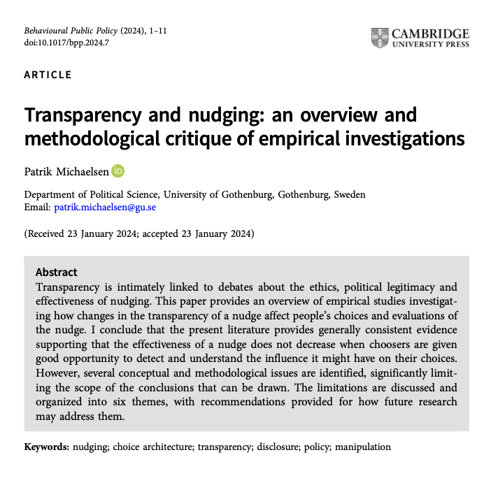 Can nudges still work if we know we’re being nudged? 🤔 A new study by Patrik Michaelson suggests they can be just as effective, even with full transparency. 

Curious to learn more about where this holds true (and where it doesn’t)? Read more below. 👇

hubs.ly/Q02V1Kzr0