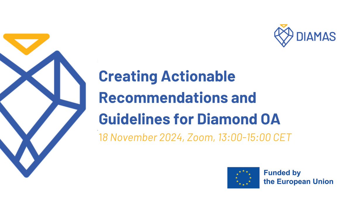 📅 Mark your calendar! On 18 Nov, DIAMAS is hosting a key consultation event for funders, donors &amp; institutional leaders. 

We’ll explore policy guidelines that can strengthen Diamond OA at institutional, national &amp; European levels. Join the discussion: ow.ly/pUKJ50TOf8K
