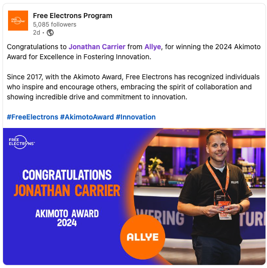 allye_energy's tweet photo. Thank you to the @freeelectronspr for selecting Allye for the Akimoto Award. We firmly believe the path to greater success comes from fostering successful collaboration, where everyone wins. https://t.co/Or0eQmPATZ
