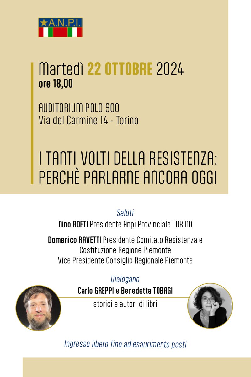 Istoreto segnala Culturalmente liberi, un'iniziativa dedicata al racconto della Resistenza alle nuove generazioni, con @carlogreppi e Benedetta Tobagi.

📆Martedì 22/10
⌚ h. 18,00
📍Polo del ‘900, Palazzo San Daniele, Auditorium, Piazzetta Antonicelli