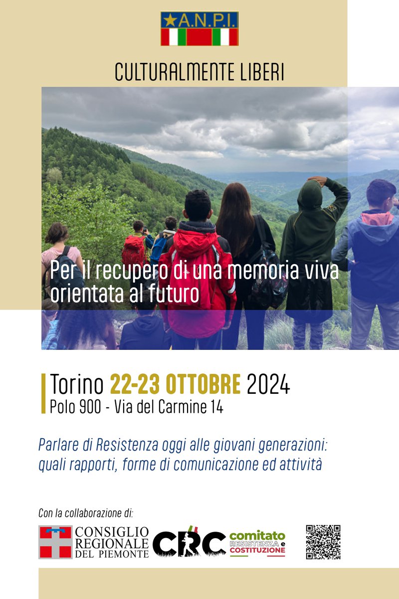 Istoreto's tweet photo. Istoreto segnala Culturalmente liberi, un'iniziativa dedicata al racconto della Resistenza alle nuove generazioni, con @carlogreppi e Benedetta Tobagi.

📆Martedì 22/10
⌚ h. 18,00
📍Polo del ‘900, Palazzo San Daniele, Auditorium, Piazzetta Antonicelli https://t.co/j2WxPzvhmJ