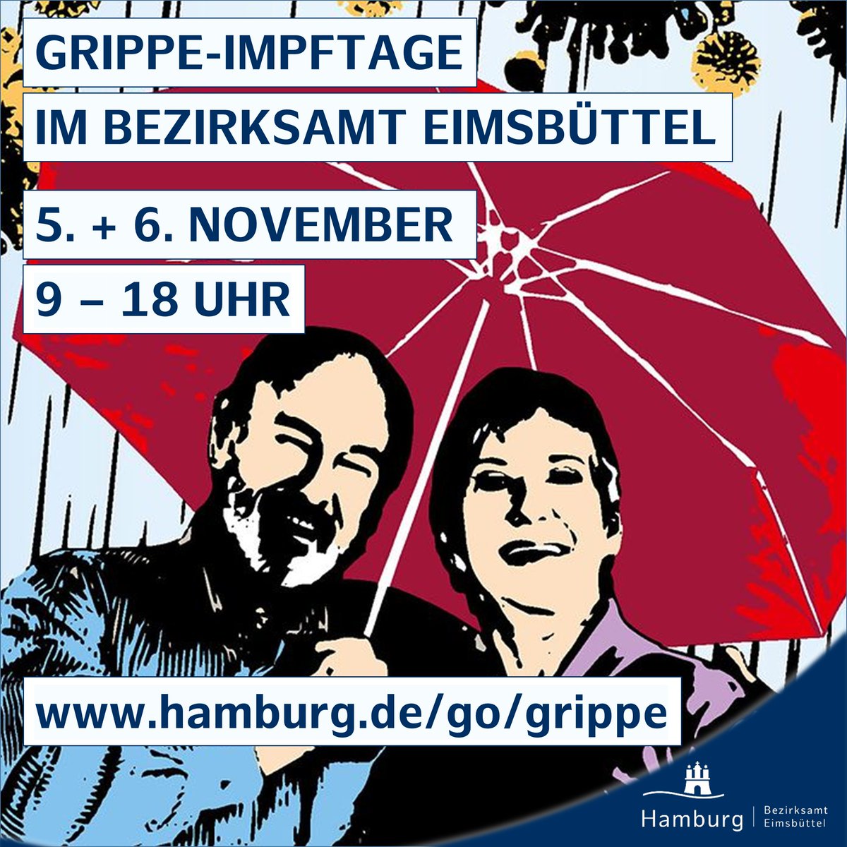 Die #Grippesaison naht! 
Die Gesundheitsämter bieten deswegen im Rahmen der #Grippe-#Impftage vom 4.-8. November erweiterte #Impfsprechstunden mit und ohne Termin an.
Alle Termine: hamburg.de/go/grippe
#Gesundheitsamt #Impfen