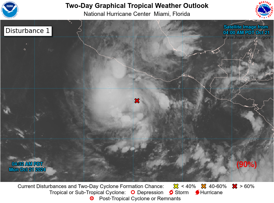 NHC_Pacific's tweet photo. 5 AM PDT Oct 21: NHC is monitoring a trough of low pressure (#EP90) located offshore southern Mexico that has a high chance (🔴90%) of becoming a tropical cyclone in the next day or two. The system is forecast to move westward away from Mexico. 

https://t.co/5oTK3vnVPD https://t.co/oyzVYqvPfF