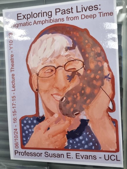 Our Prof Susan Evans went back to school on 09 October - to North London Collegiate (girl’s school in Stanmore) and spoke at their Science Club on exploring past lives: enigmatic fossil amphibians, eg albanerpetontids, from Deep Time.  A schoolgirl artist drew her with one, here: