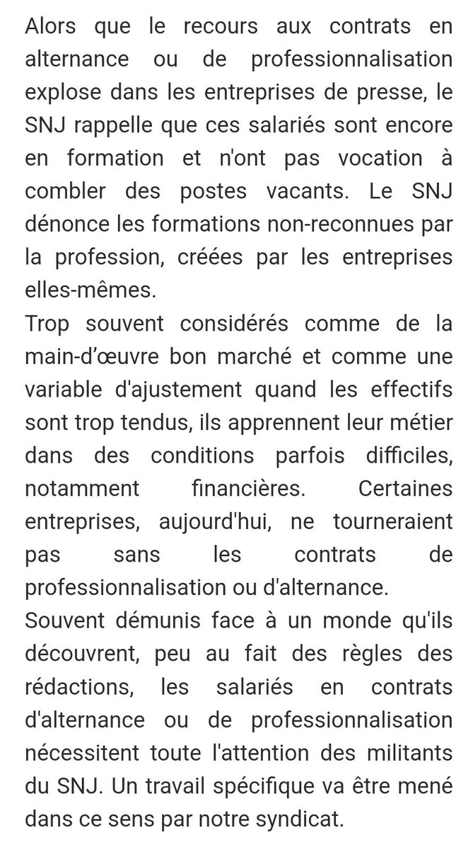 Le SNJ dénonce l'explosion des recours aux contrats d'alternance ou de professionnalisation dans les rédactions, et surtout l'utilisation abusive de ces jeunes journalistes en formation comme VARIABLES D'AJUSTEMENTS des effectifs 😠 
⬇️