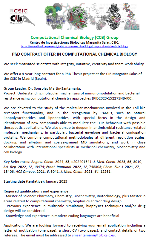 CompQuim's tweet image. 📢PhD position /contrato predoctoral in Computational Chemical Biology at CIB-CSIC (Dr. Sonsoles Martín-Santamaría) #compchem #chemjobs