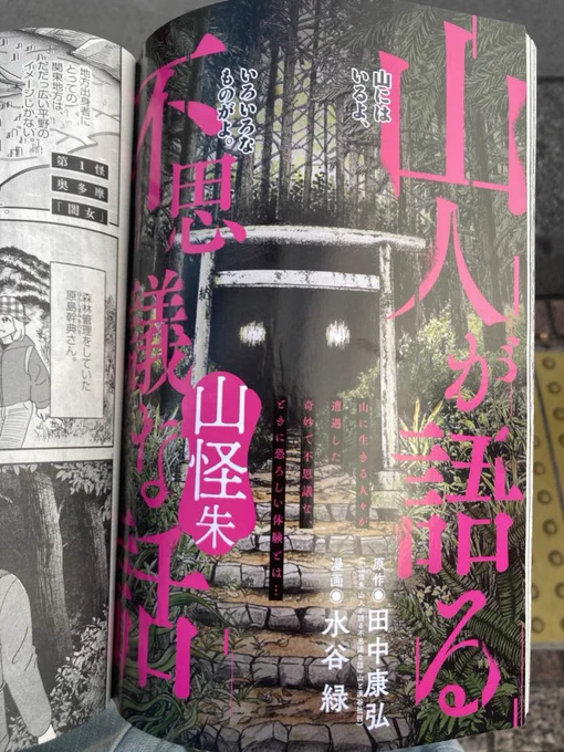 わー本当に載ってる!😭
今日発売の週刊スピリッツで新連載スタートです!!
山の不思議なちょっと怖い話です。⛰️👻

『山人が語る不思議な話 山怪朱』
原作 田中康弘/漫画 水谷緑

https://t.co/NTb6FxG9k5 