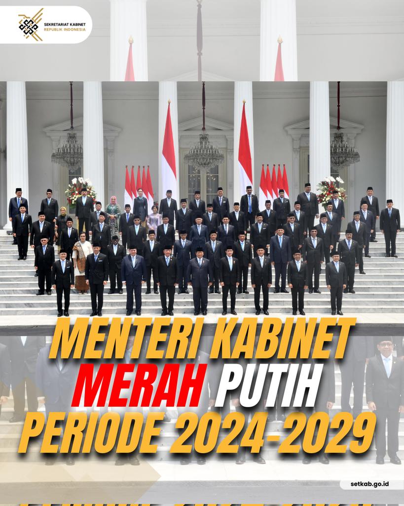 Selamat bekerja para Menteri Kabinet Merah Putih masa jabatan 2024-2029. Semoga amanah dalam mengemban tugas negara.

#KawanKabinet, yuk kenalan dengan 48 menteri yang baru saja dilantik Presiden Prabowo Subianto siang tadi!
#GrafiKabinet #KabinetMerahPutih