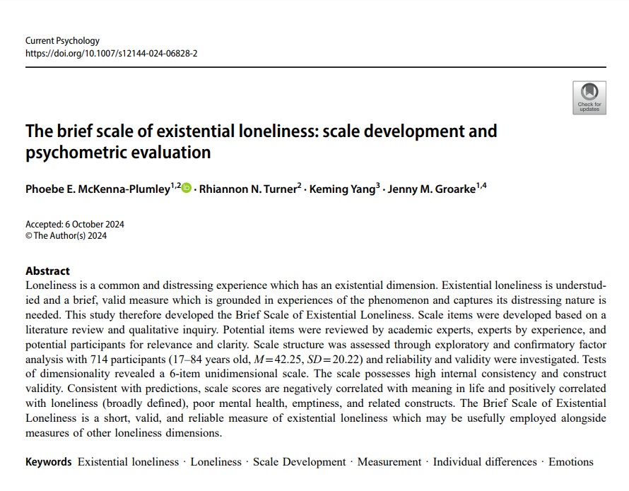 How can we measure existential loneliness? 💭🔎🏝️

Our new paper presents the Brief Scale of Existential Loneliness: a valid, reliable, 6-item measure which we developed + refined via qualitative research, expert feedback, and psychometric evaluation.

🔗 doi.org/10.1007/s12144…