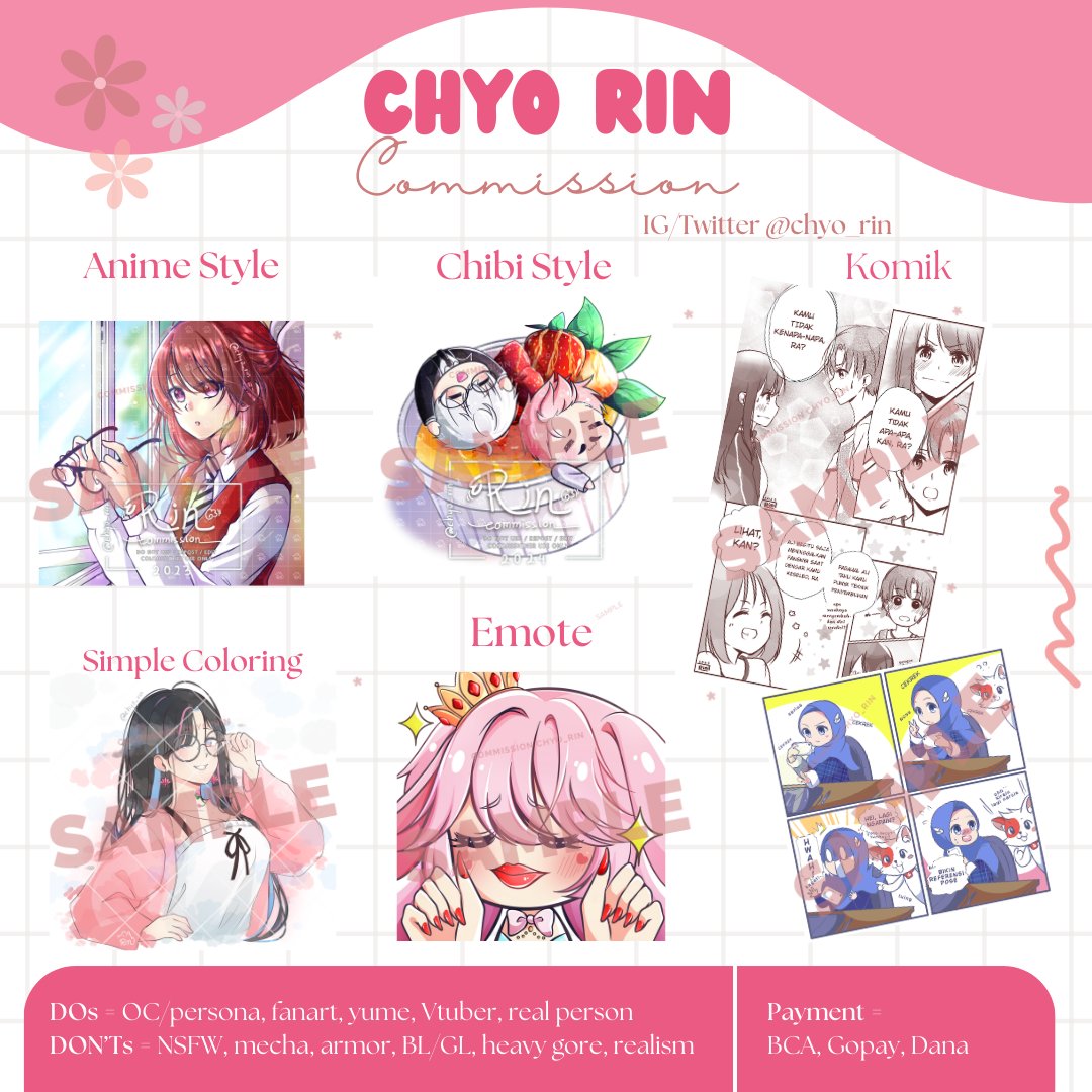 chyo_rin's tweet photo. ✨OPEN COMMIS✨
[RTs &amp; likes are greatly appreciated] 

Haii~ Rin masih buka komis! 
Ada anime, chibi, emote, dan komik! Pricelist dan sample ada di rep yaa

DM me if interested, feel free to ask~ 
Makasihh, semoga harimu bahagia~ 😆⭐️ https://t.co/MDsUuEERIv