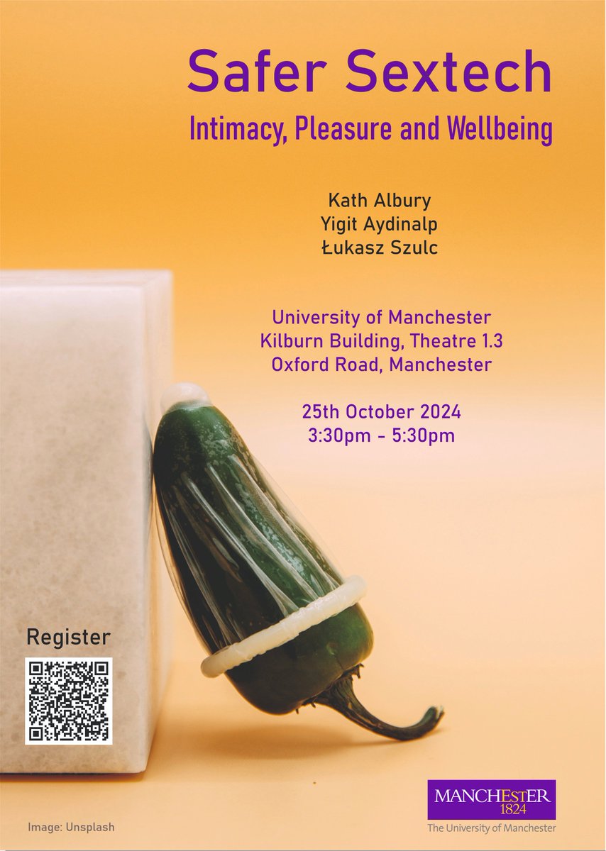 Join us this Friday in Manchester for the fascinating discussion about Safer Sextech with Kath Albury &amp; Yigit Aydinalp. For more information and registration see qualtrics.manchester.ac.uk/jfe/form/SV_3P…