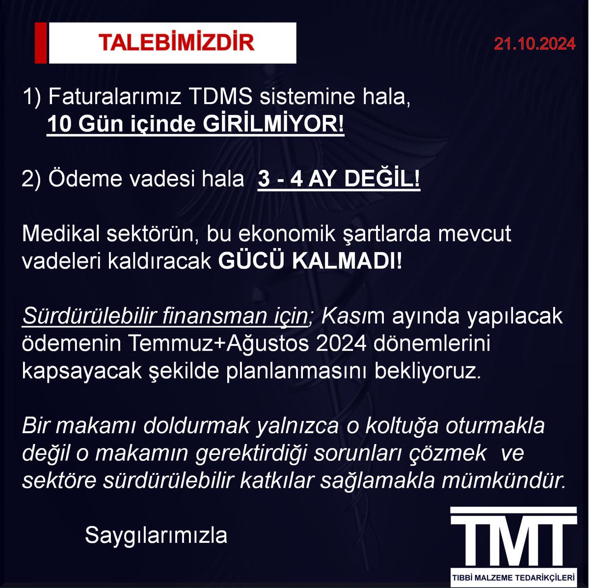 #TibbiCihaz sektörü olarak 
T.C. Sağlık Bakanlığı 
Strateji Geliştirme Başkanı 
Sn. Engin Karabaş'a
   𝗦𝗢𝗥𝗨𝗬𝗢𝗥𝗨𝗭
🔹Sorunlarımızı ne kadar GÖRÜYORSUNUZ? 
🔹Ne kadar DUYUYORSUNUZ?
Düşman değiliz, aynı gemideyiz.
-𝗧𝗠𝗧-

<a href="/cbsbb/">T.C. Cumhurbaşkanlığı Strateji ve Bütçe Başkanlığı</a> <a href="/_cevdetyilmaz/">Cevdet Yılmaz</a>  <a href="/drmemisoglu/">Prof. Dr. Kemal Memişoğlu</a> <a href="/suayipbirinci/">Doç. Dr. Şuayıp Birinci</a>