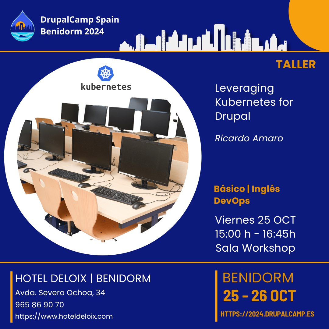 📢 ¡Prepárate para los talleres que no te puedes perder en la #DrupalCamp2024! 🚀

🌐 1. Leveraging Kubernetes for Drupal
🗓️ Viernes 25 OCT | 🕒 15:00 h - 16:45 h
🔧 Nivel Básico | Inglés
¡Da un salto hacia una mejor gestión de infraestructura con Kubernetes!

#Drupal