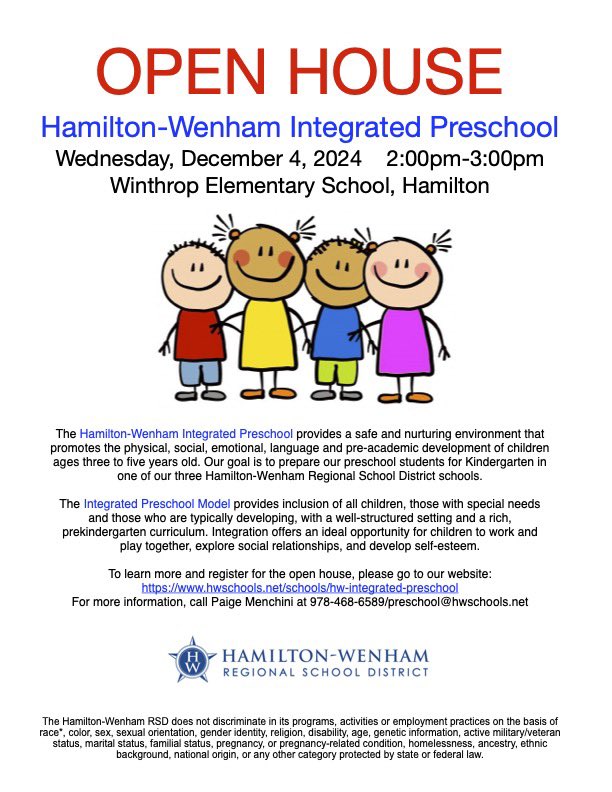 SAVE THE DATE!  

The Hamilton-Wenham Regional School District is also accepting applications to be screened as an Integrated Preschool Peer for the 2025-26 School Year!  Please go to hwschools.net/schools/hw-int… to learn more!

#HWRSD #hamiltonma #wenhamma