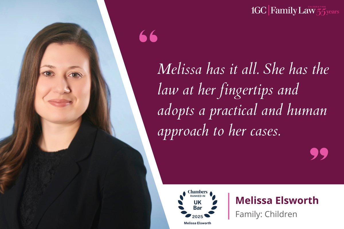 Congratulations to Melissa Elsworth, recognised as Up and Coming in the 2025 edition of Chambers and Partners for Family: Children.

1gc.com/barristers/pro…