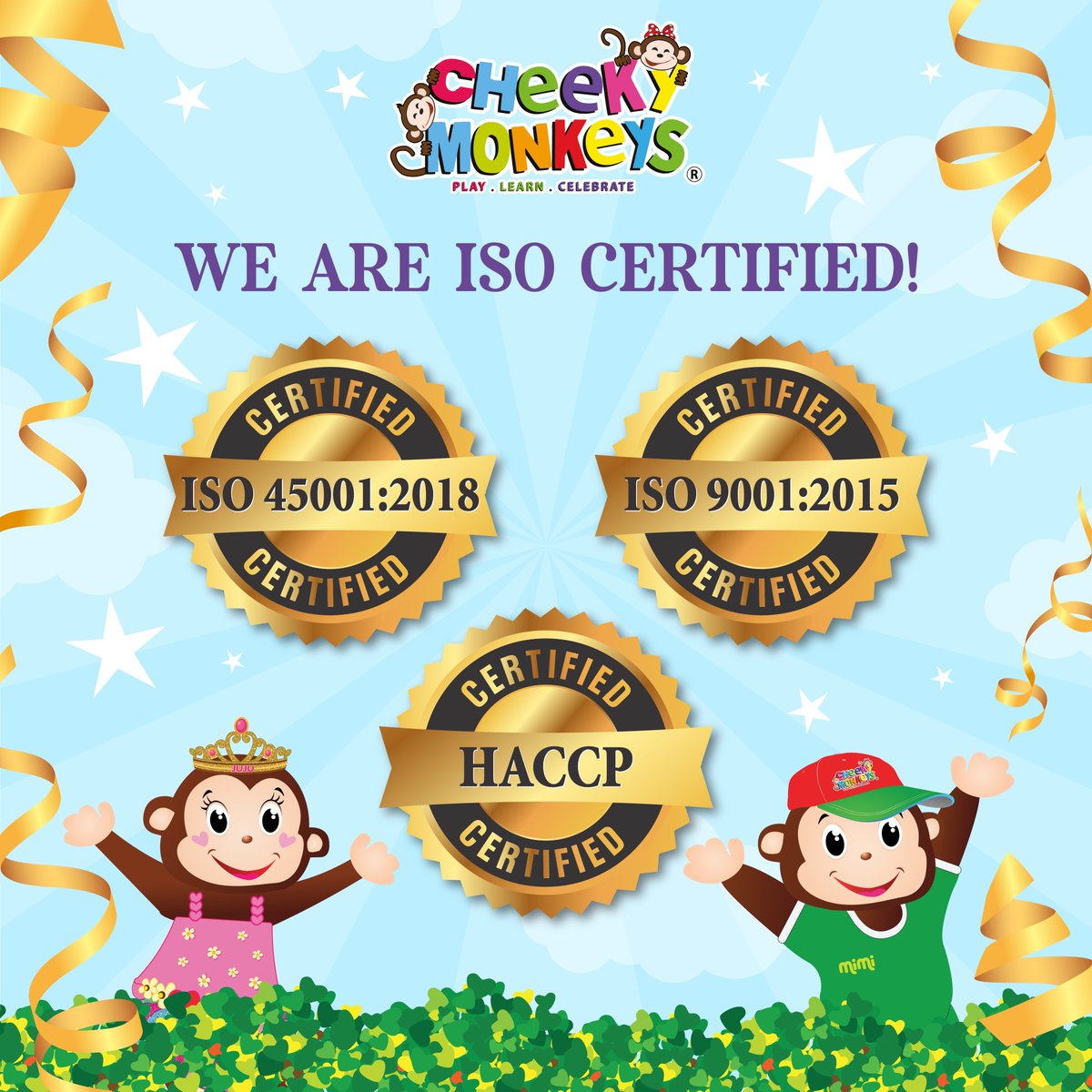 CheekyMonkeysAE's tweet photo. We’re ISO Certified! At Cheeky Monkeys, we believe in delivering excellence in every aspect, from safety to quality and food management. Our certifications reflect our commitment to creating a fun and secure environment for your children. #cheekymonkeysuae https://t.co/adKlz3hC8k