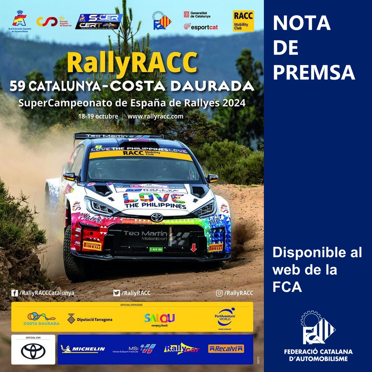 FCAutomobilisme's tweet photo. 🏷️ RAL·LIS
🎯 CAMPIONAT DE CATALUNYA DE RAL·LIS
🏁 59 RallyRACC Catalunya-Costa Daurada
➡️ Nota de premsa
📰 https://t.co/5nqMyXlyTD
#FCAutomobilisme #motorsport #automobilisme #curses #notadelaprova #comunicat #premsa #rallyracc #racc #campionat #catalunya #costa #daurada https://t.co/gNGnhTE4dw