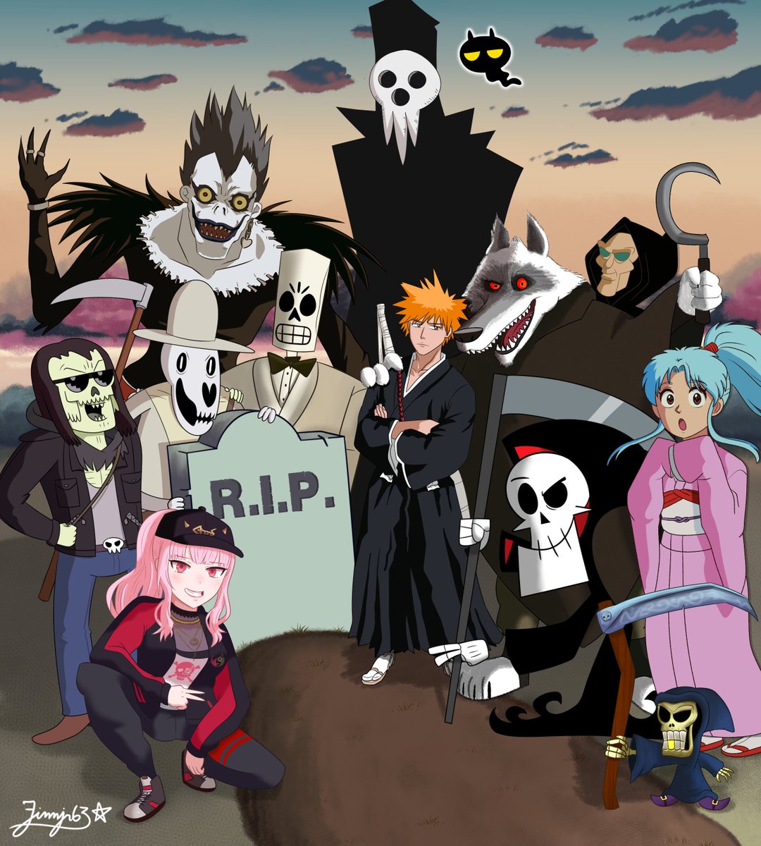 A bunch of reapers are hanging out at a graveyard.