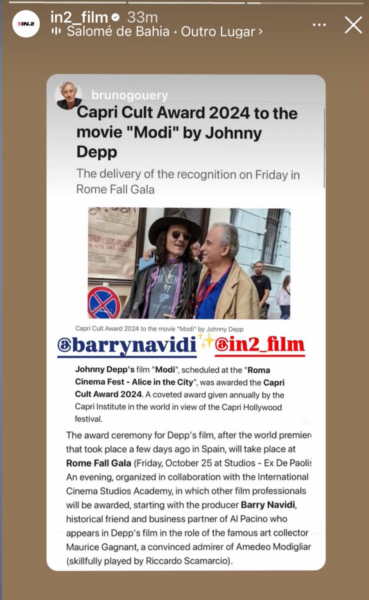 ReemDepp's tweet photo. Finally confirmed ..😍

Johnny Depp’s film “Modi” was awarded the Capri Cult Award 2024.A coveted award given annually by Capri Institute in the world in view of Capri Hollywood festival.The ceremony will take place at Rome Fall Gala (Friday, October 25 at Studios -Ex De Paolis) https://t.co/Uakb3klFYS