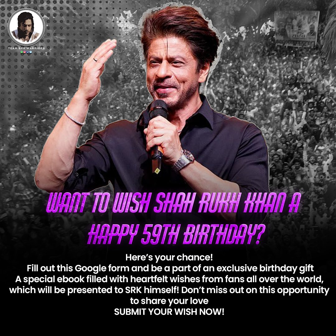 priteshpdedhia's tweet photo. Want to wish #ShahRukhKhan a Happy 59th birthday? Here’s your chance!
Fill out this Google form &amp; be a part of an exclusive birthday gift - a special ebook filled with heartfelt wishes from fans all over the world, which will be presented to SRK himself!
https://t.co/C8yYFHXUDB https://t.co/azQjhlxt9r