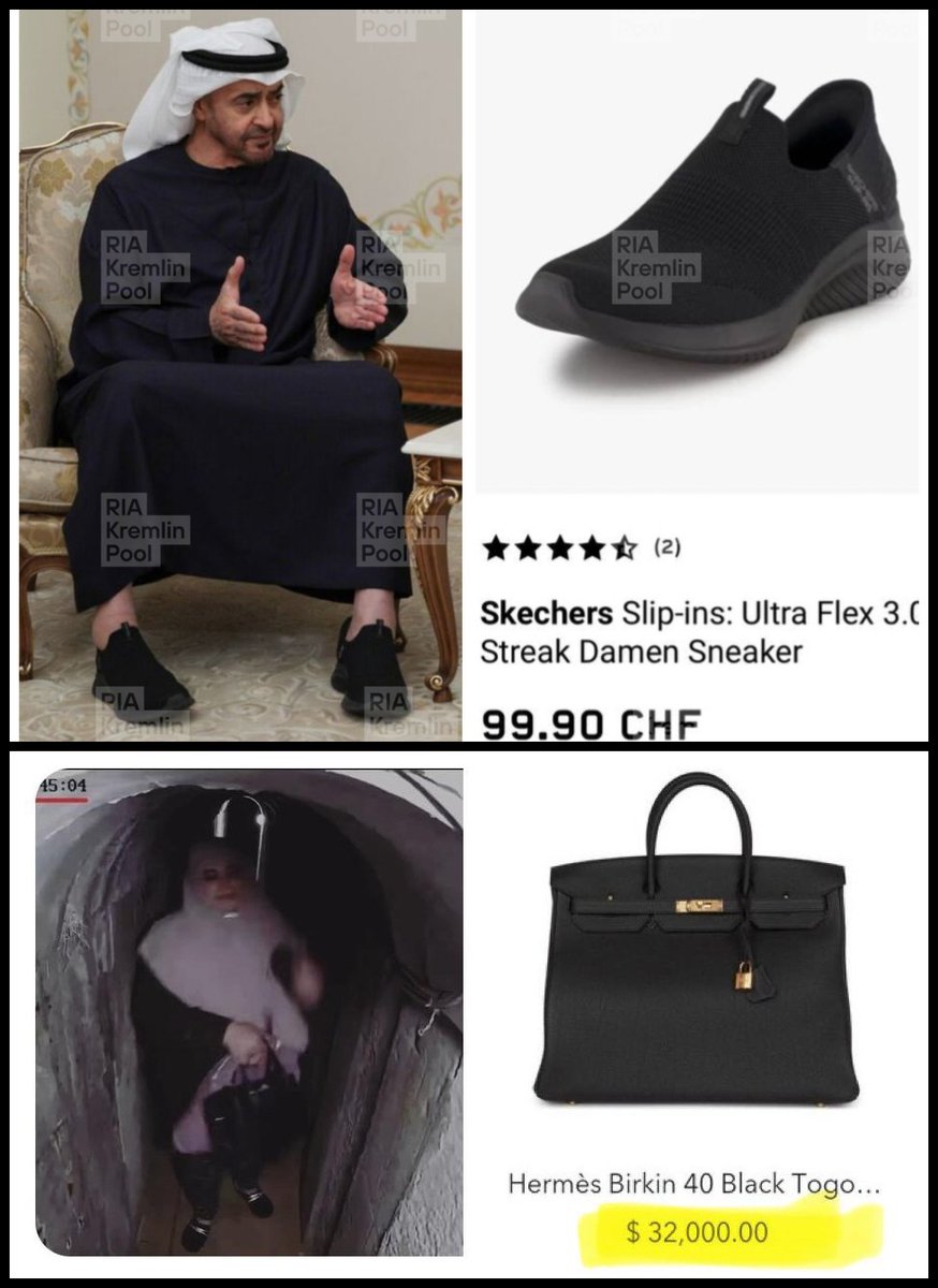 Muhammed bin Zayed, who brought peace and prosperity to UAE 🇦🇪, wears $100 Skechers shoes in his state visit to Russia.

The wife of Yahya Sinwar, who brought death and destruction to Palestinians 🇵🇸, holds a $32,000 Hermes handbag.