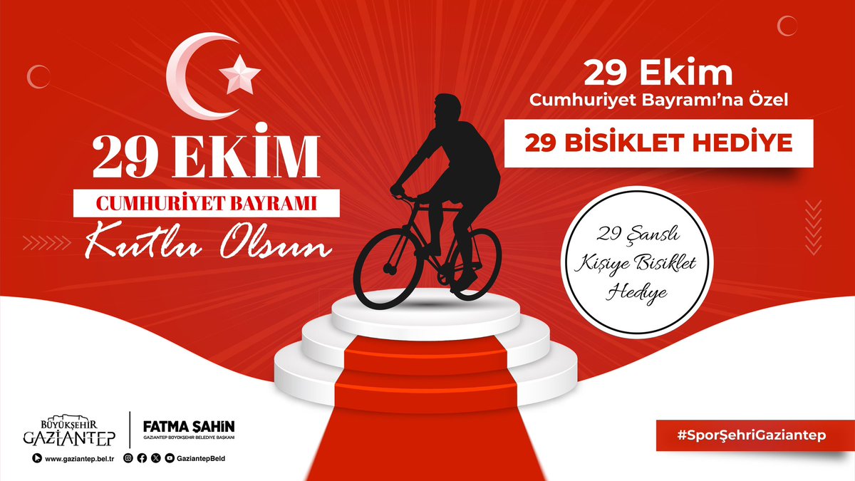 29 Ekim Cumhuriyet Bayramı’na özel 29 bisiklet hediye ediyoruz. 🇹🇷 🚴‍♀️ 

Yapmanız gerekenler;

✅ <a href="/GaziantepBeld/">Gaziantep Büyükşehir</a> hesabını takip etmek,

✅Bu gönderiyi beğenip, rt yapmak,

✅1 arkadaşınızı yoruma etiketlemek.♥️

Son katılım tarihi;

🗓️ 28 Ekim