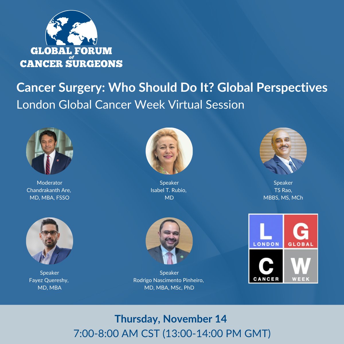 Join <a href="/GFCSOnc/">Global Forum of Cancer Surgeons</a> for this insightful session during London Global Cancer Week 2024. The speakers will focus on the type of surgical workforce required to deliver high-quality cancer surgery, pertaining to their region of the world. 

Register now: us06web.zoom.us/webinar/regist…