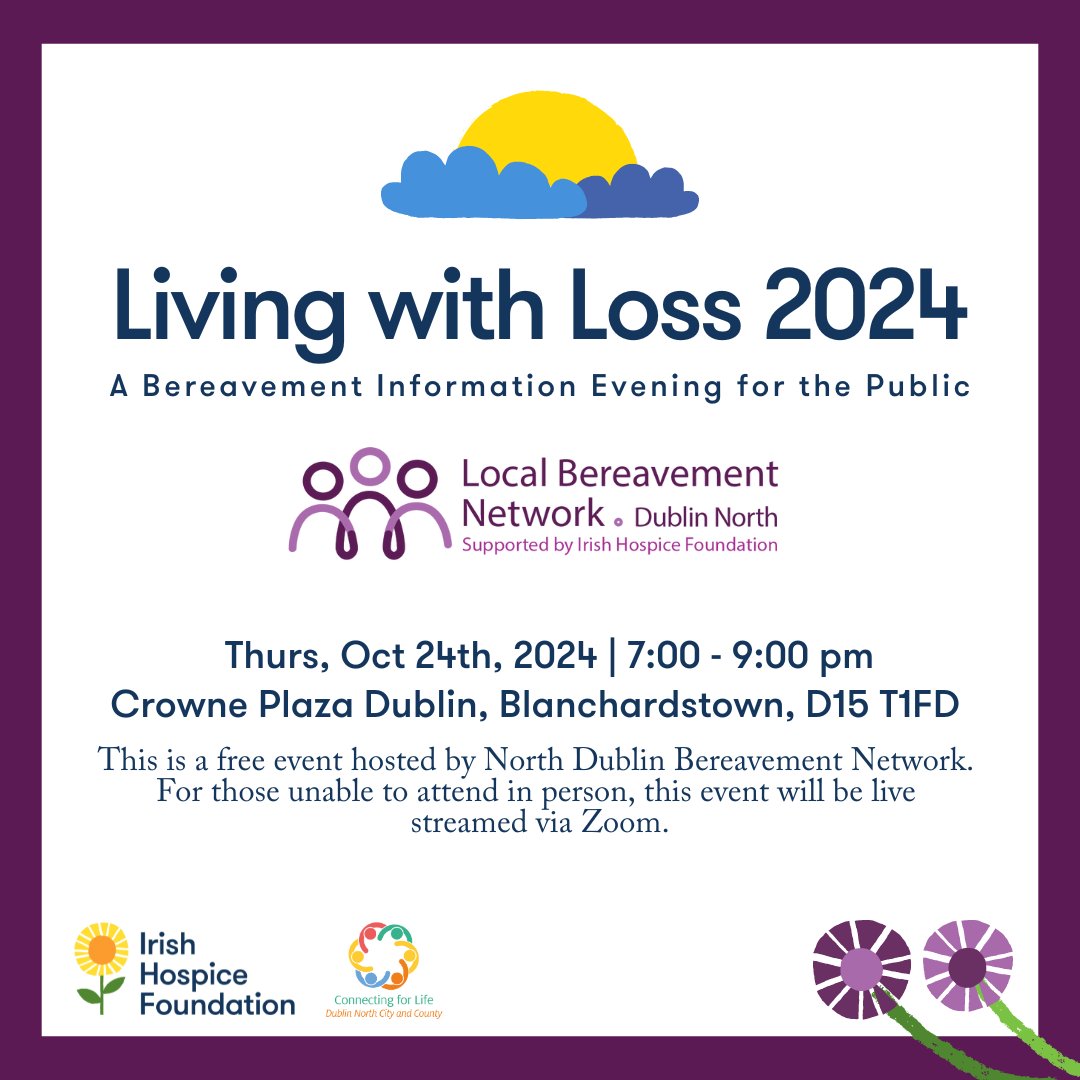 IrishHospice's tweet photo. This free bereavement information evening, hosted by Dublin North Bereavement Network, is this Thursday. We'd love for you to join us in person or online via Zoom.

💜 𝗥𝗲𝗴𝗶𝘀𝘁𝗲𝗿 𝘁𝗵𝗿𝗼𝘂𝗴𝗵 𝗘𝘃𝗲𝗻𝘁𝗯𝗿𝗶𝘁𝗲: https://t.co/KHQC5DFmZh https://t.co/MxIak4mW5j