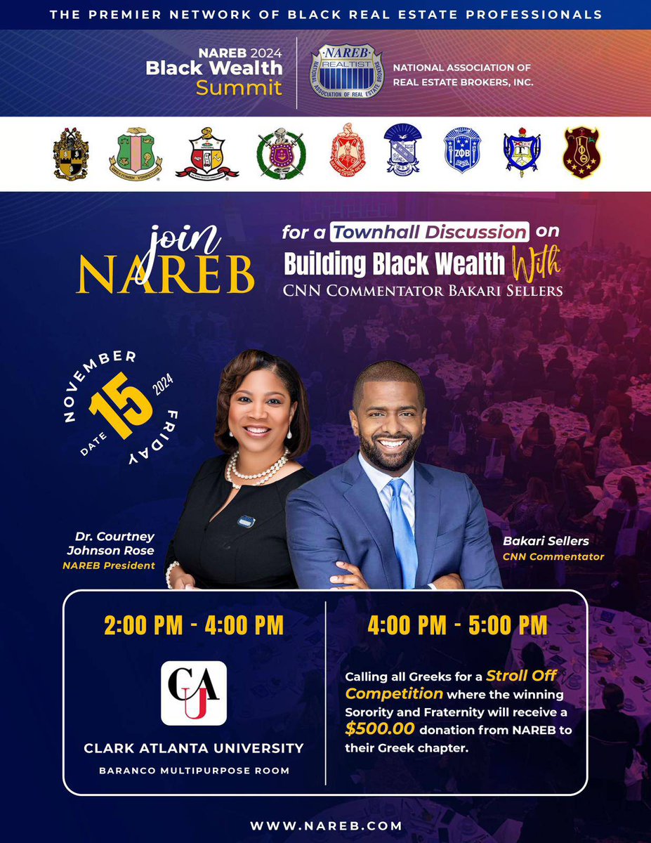 NAREB 2024 🏠💰 Black wealth summit in Atlanta! Join us for a townhall discussion with Bakari Sellers and Dr. Courtney Johnson Rose. Don't miss out on this amazing opportunity to learn, network, and build wealth together. 

#NAREB #BlackWealth #RealEstate #Atlanta #Summit