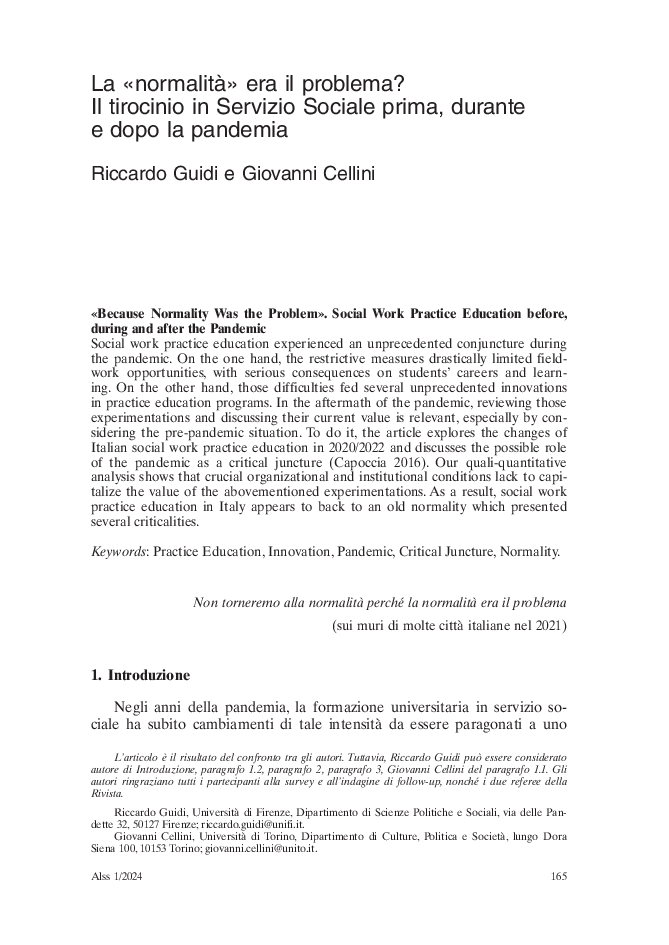L'articolo di Riccardo Guidi (Università di Firenze) e Giovanni Cellini (Università di Torino) nel numero 1/2024 di <a href="/AutonomieLocali/">Autonomie Locali e Servizi Sociali</a> esplora le dinamiche del tirocinio in Servizio Sociale prima, durante e dopo la pandemia. 

Link all'articolo 
👉🏽rivisteweb.it/doi/10.1447/11…